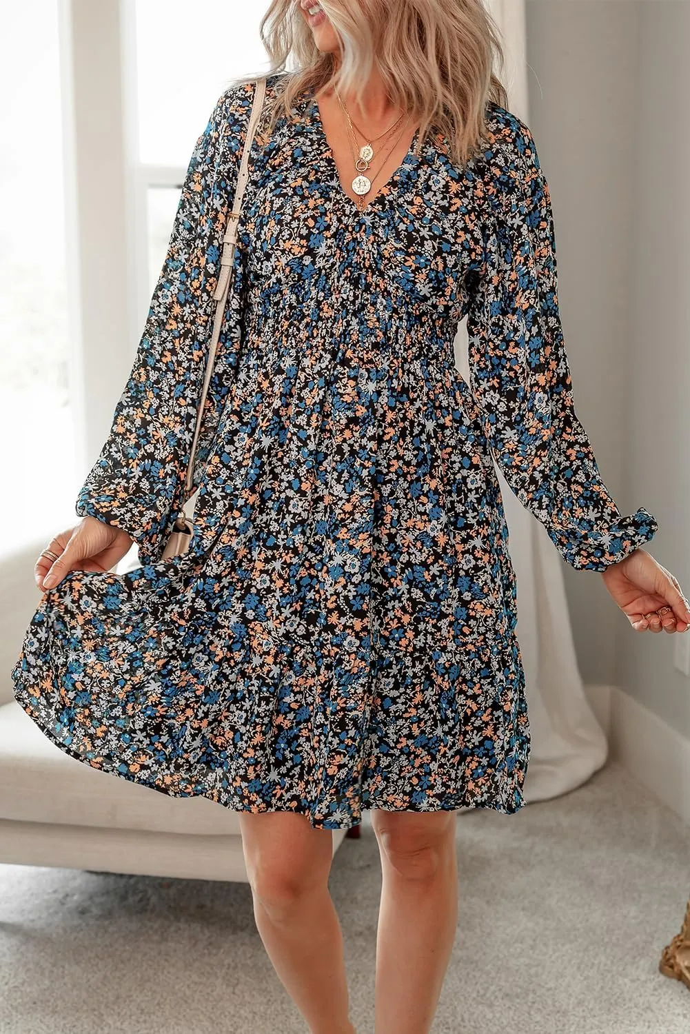 Dokotoo Womens Dresses 2025 Boho Floral V Neck Long Sleeve Smocked Elastic Waist Casual A-Line Swing Mini Dress Sundress