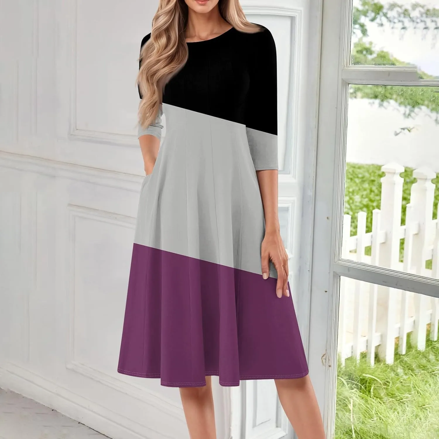 Dresses for Women 2025 Casual Summer Spring Midi Elegant Shirt Dress Knee Length Trendy Floral Sundresses 3/4 Sleeve