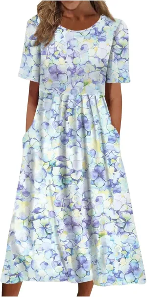 Dresses for Women 2025 Casual Summer Trendy Floral Dress Maxi Classy Sundresses Vacation Short Sleeve Sundress A Line
