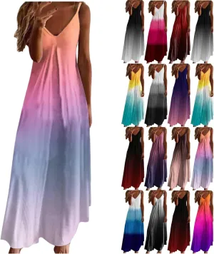Dresses for Women 2025 Fashion Sleeveless Spaghetti Strap Maxi Dress Causal V Neck Gradient Color Summer Sundress