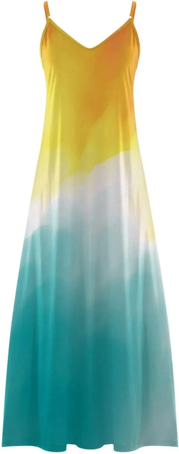 Dresses for Women 2025 Fashion Sleeveless Spaghetti Strap Maxi Dress Causal V Neck Gradient Color Summer Sundress