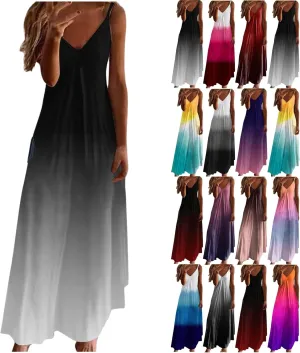 Dresses for Women 2025 Fashion Sleeveless Spaghetti Strap Maxi Dress Causal V Neck Gradient Color Summer Sundress