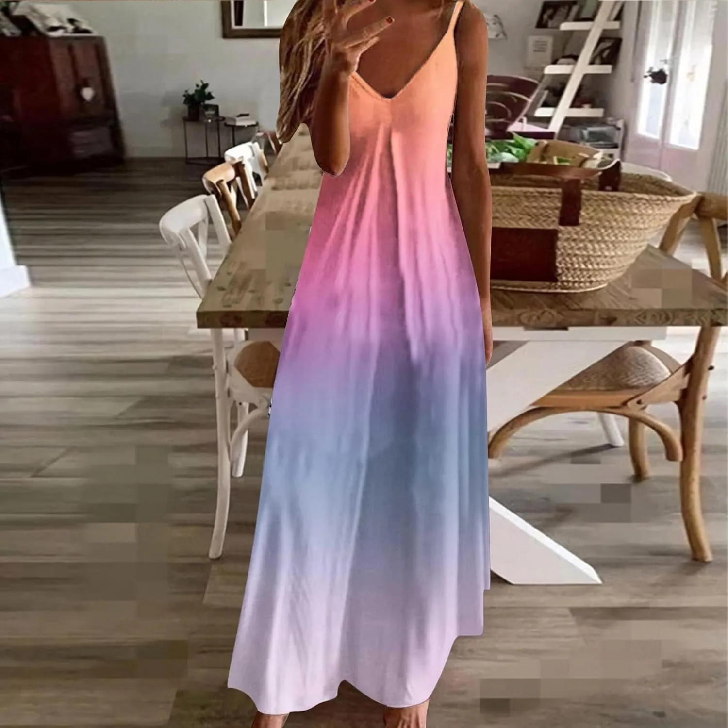Dresses for Women 2025 Fashion Sleeveless Spaghetti Strap Maxi Dress Causal V Neck Gradient Color Summer Sundress
