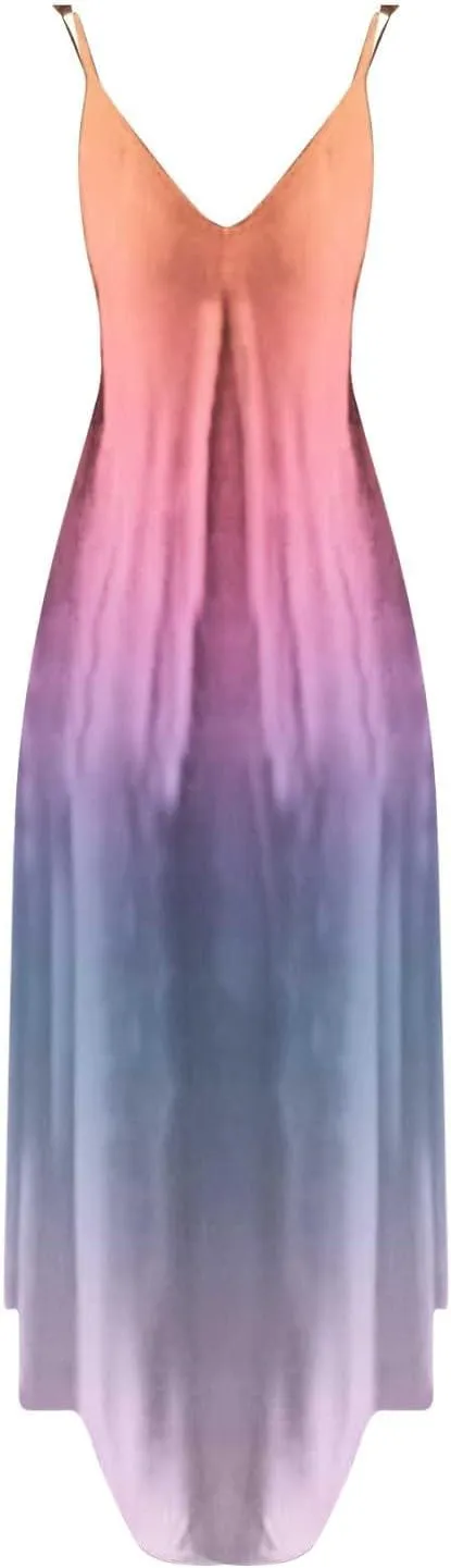 Dresses for Women 2025 Fashion Sleeveless Spaghetti Strap Maxi Dress Causal V Neck Gradient Color Summer Sundress