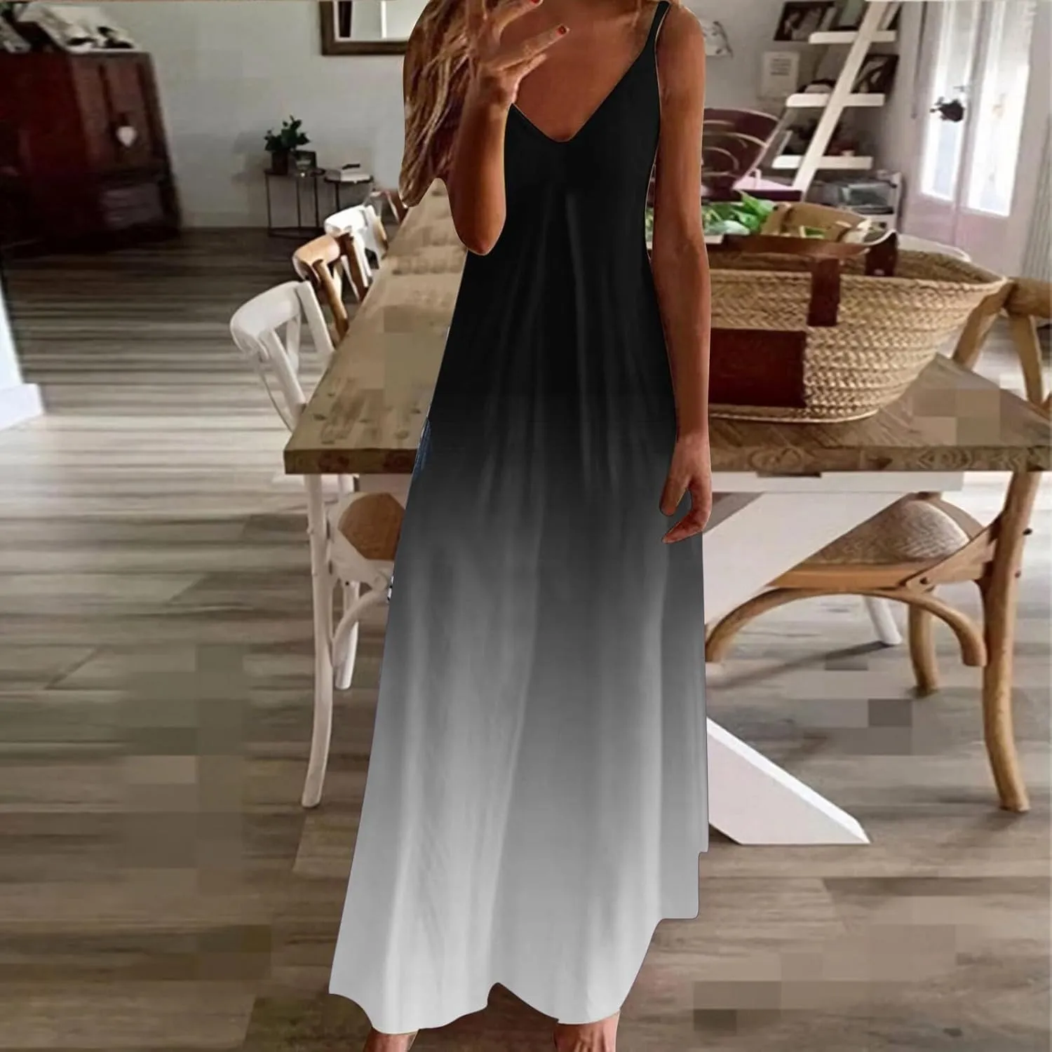 Dresses for Women 2025 Fashion Sleeveless Spaghetti Strap Maxi Dress Causal V Neck Gradient Color Summer Sundress