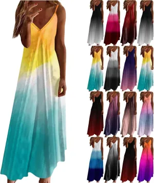 Dresses for Women 2025 Fashion Sleeveless Spaghetti Strap Maxi Dress Causal V Neck Gradient Color Summer Sundress