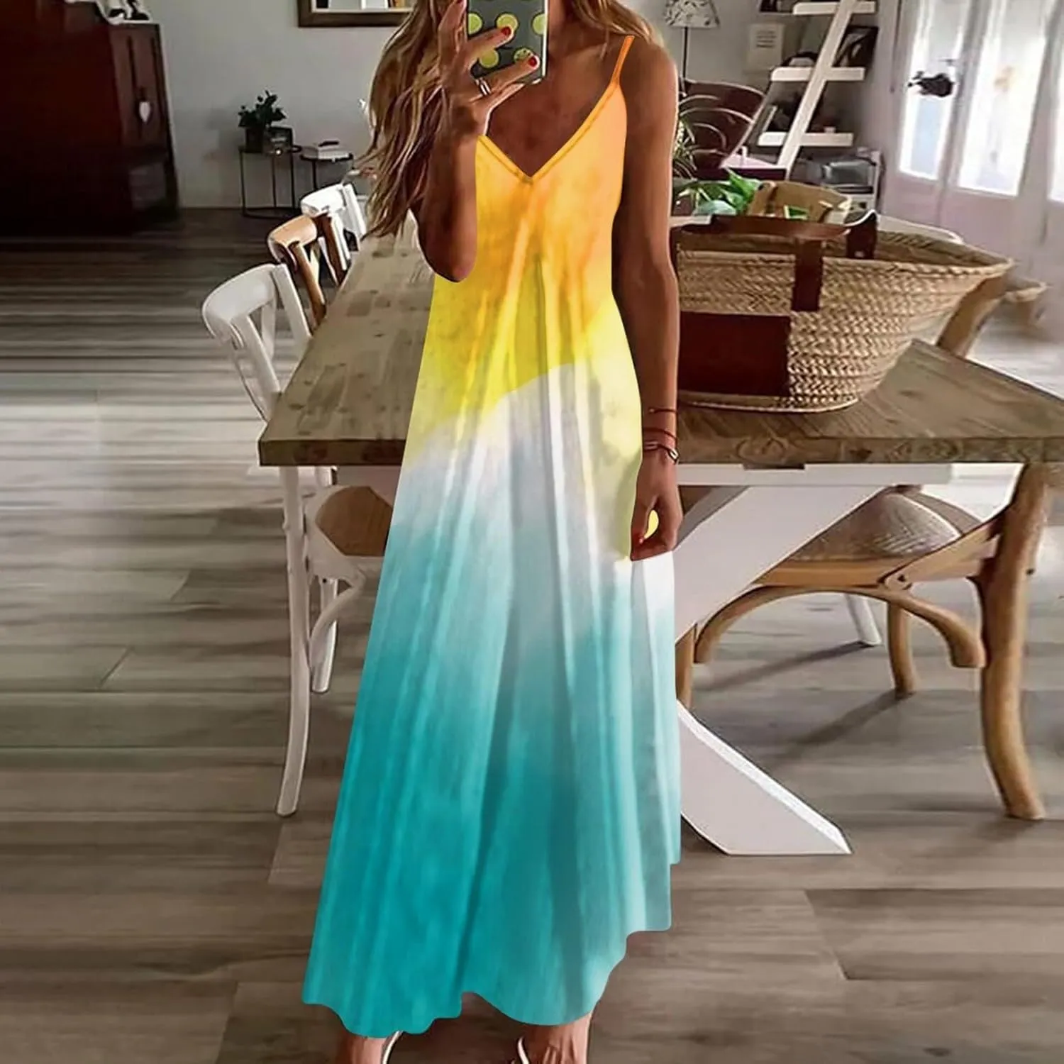 Dresses for Women 2025 Fashion Sleeveless Spaghetti Strap Maxi Dress Causal V Neck Gradient Color Summer Sundress