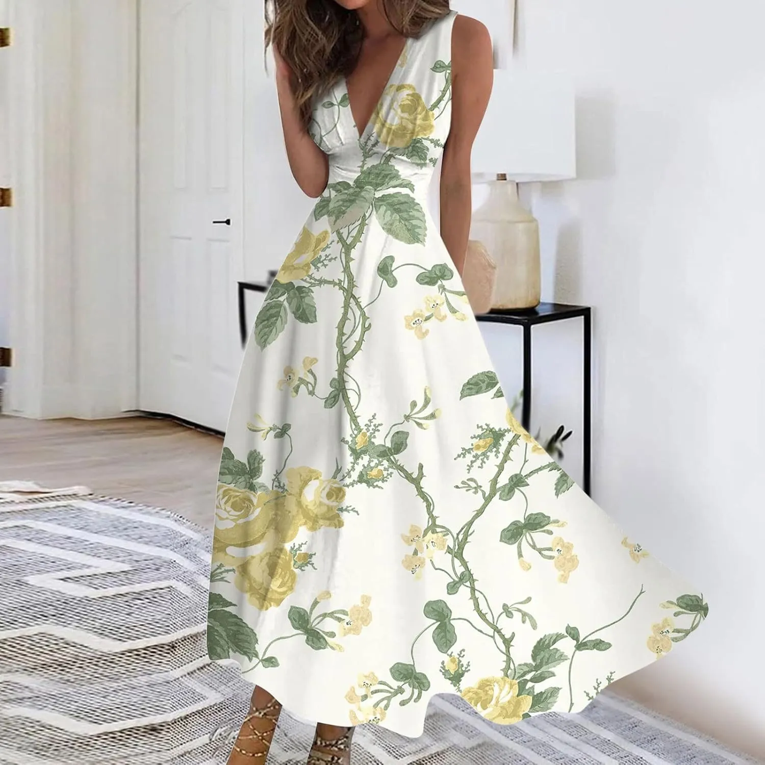 Dresses for Women 2025 Flowy Ruched Sleeveless Beach Dresses Wrap V Neck Floral Printed Maxi Dress Boho Sundresses