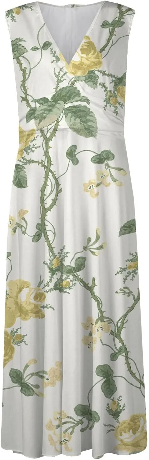 Dresses for Women 2025 Flowy Ruched Sleeveless Beach Dresses Wrap V Neck Floral Printed Maxi Dress Boho Sundresses
