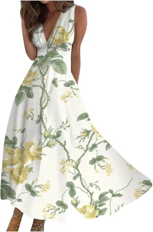 Dresses for Women 2025 Flowy Ruched Sleeveless Beach Dresses Wrap V Neck Floral Printed Maxi Dress Boho Sundresses