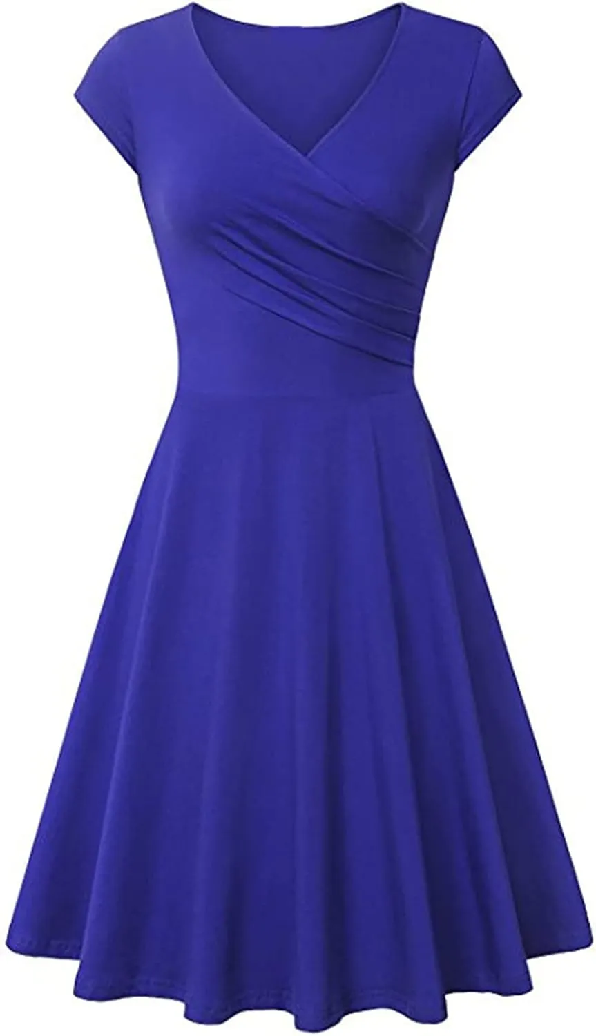 Dresses for Women 2025 Simple V Neck Floral Printed Cap Sleeve Midi Dresses Trendy High Waisted Party Dresses
