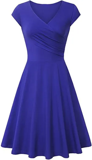 Dresses for Women 2025 Simple V Neck Floral Printed Cap Sleeve Midi Dresses Trendy High Waisted Party Dresses