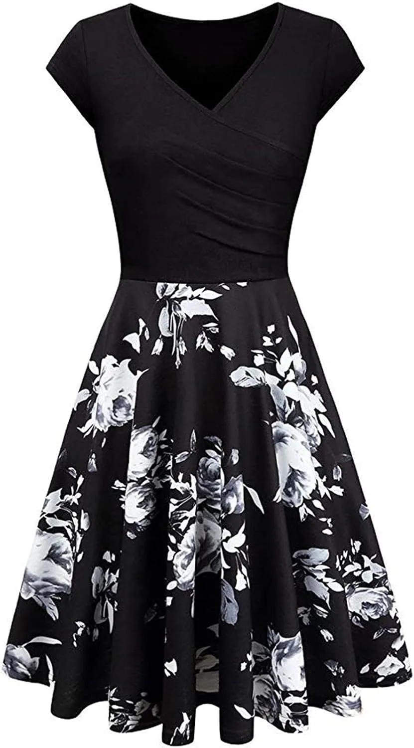 Dresses for Women 2025 Simple V Neck Floral Printed Cap Sleeve Midi Dresses Trendy High Waisted Party Dresses
