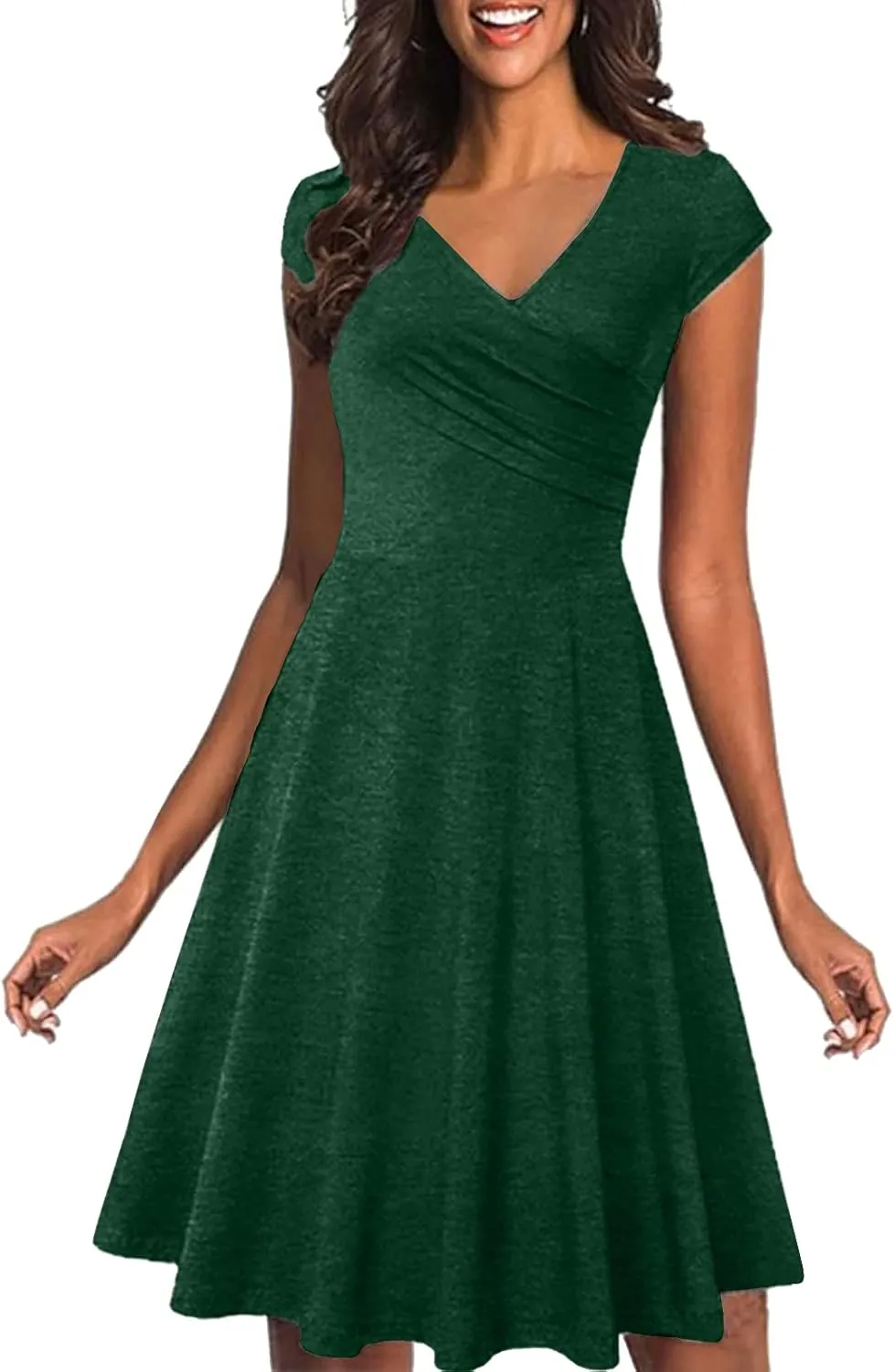 Dresses for Women 2025 Simple V Neck Floral Printed Cap Sleeve Midi Dresses Trendy High Waisted Party Dresses
