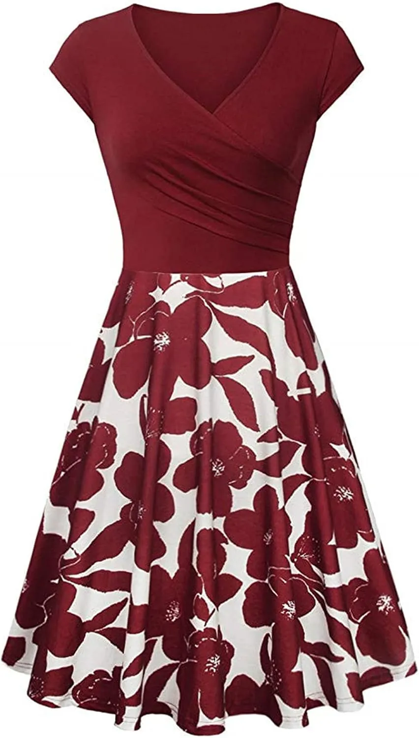 Dresses for Women 2025 Simple V Neck Floral Printed Cap Sleeve Midi Dresses Trendy High Waisted Party Dresses