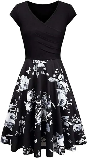 Dresses for Women 2025 Simple V Neck Floral Printed Cap Sleeve Midi Dresses Trendy High Waisted Party Dresses