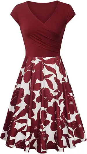 Dresses for Women 2025 Simple V Neck Floral Printed Cap Sleeve Midi Dresses Trendy High Waisted Party Dresses