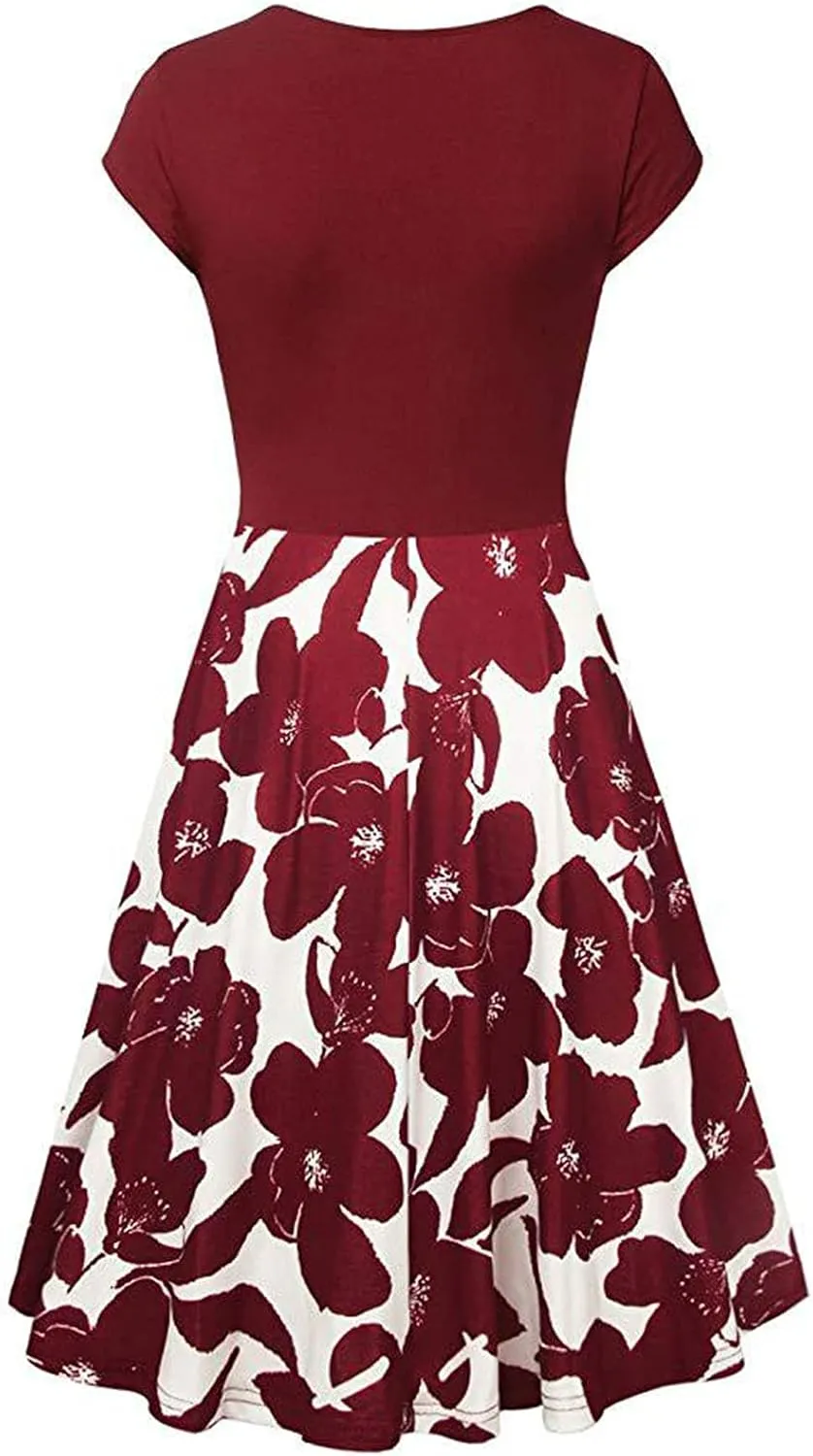 Dresses for Women 2025 Simple V Neck Floral Printed Cap Sleeve Midi Dresses Trendy High Waisted Party Dresses