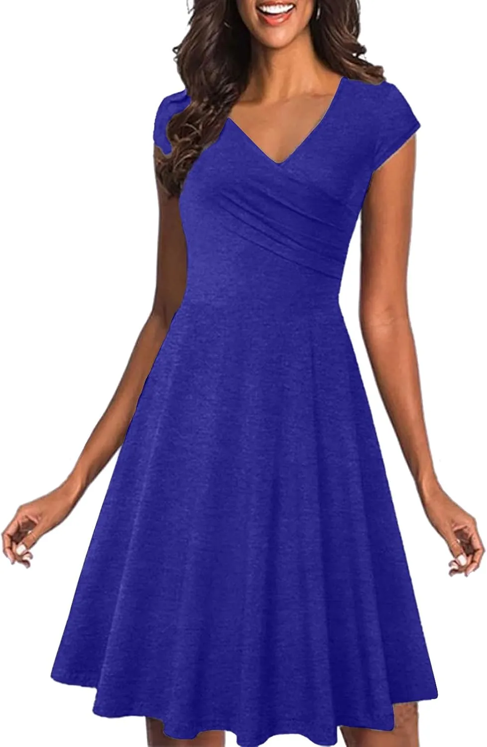 Dresses for Women 2025 Simple V Neck Floral Printed Cap Sleeve Midi Dresses Trendy High Waisted Party Dresses