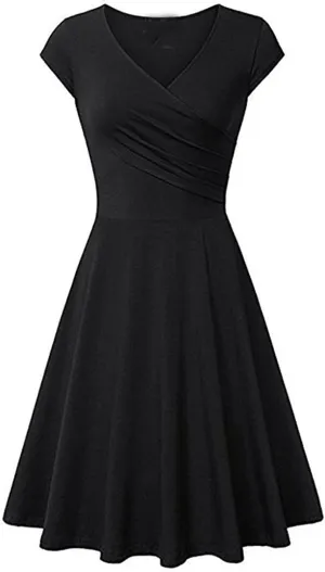 Dresses for Women 2025 Simple V Neck Floral Printed Cap Sleeve Midi Dresses Trendy High Waisted Party Dresses