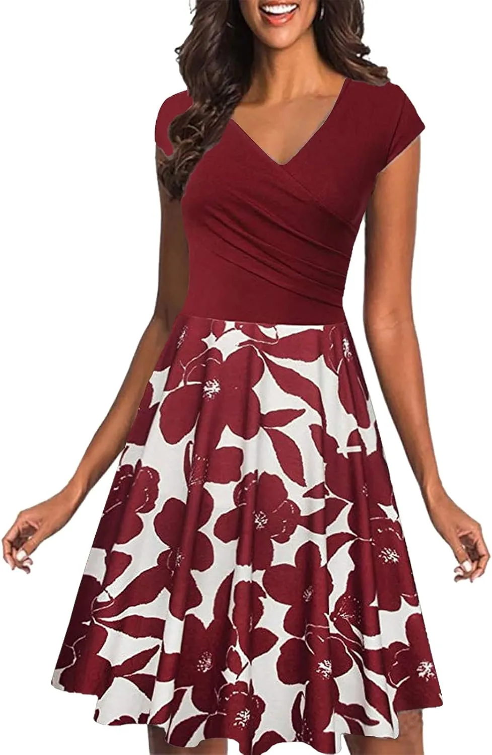 Dresses for Women 2025 Simple V Neck Floral Printed Cap Sleeve Midi Dresses Trendy High Waisted Party Dresses