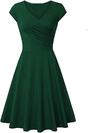 Dresses for Women 2025 Simple V Neck Floral Printed Cap Sleeve Midi Dresses Trendy High Waisted Party Dresses