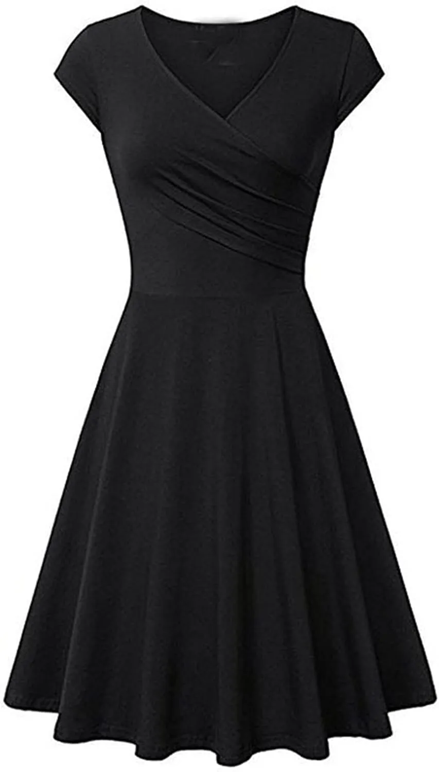 Dresses for Women 2025 Simple V Neck Floral Printed Cap Sleeve Midi Dresses Trendy High Waisted Party Dresses
