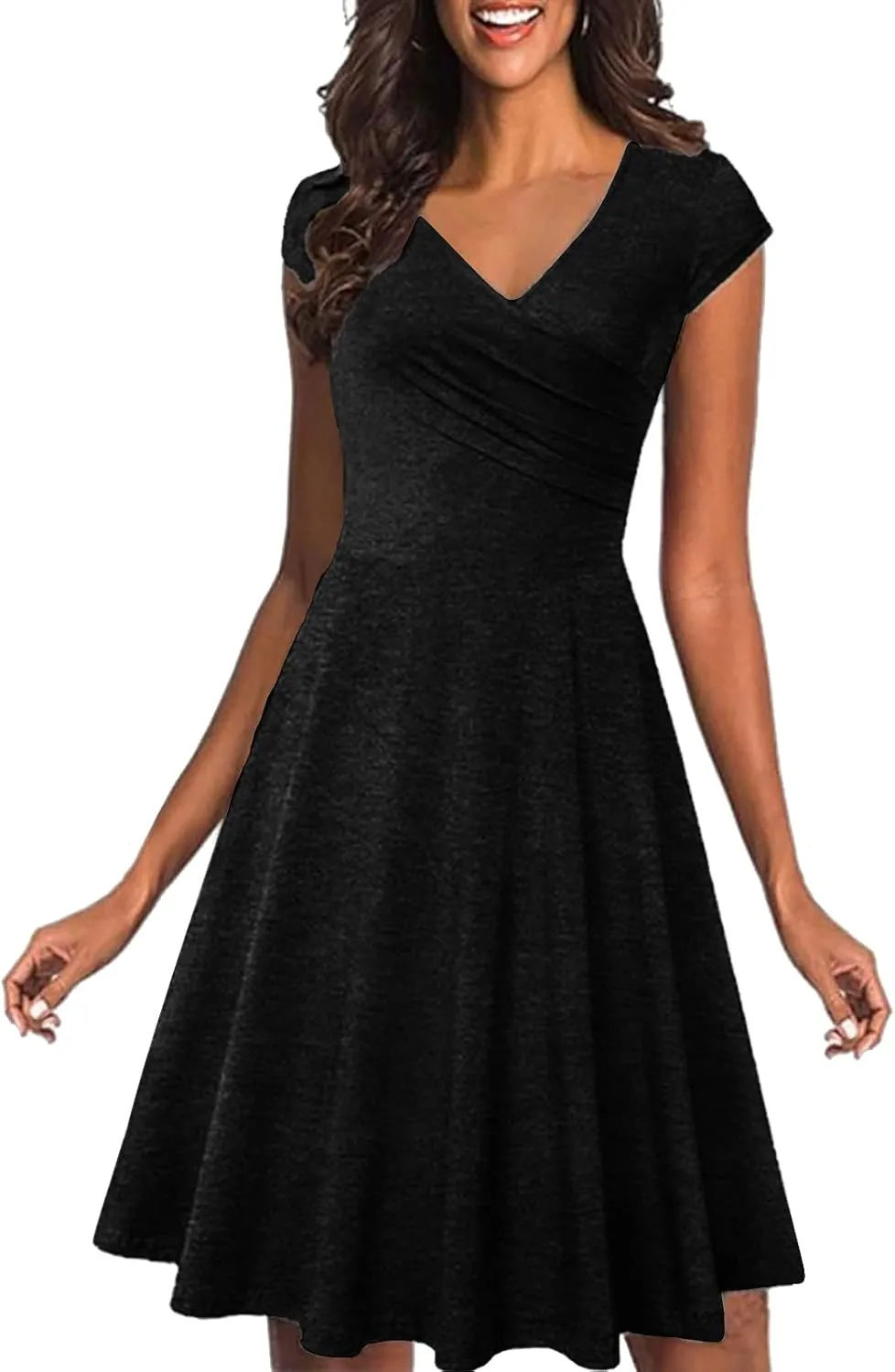 Dresses for Women 2025 Simple V Neck Floral Printed Cap Sleeve Midi Dresses Trendy High Waisted Party Dresses