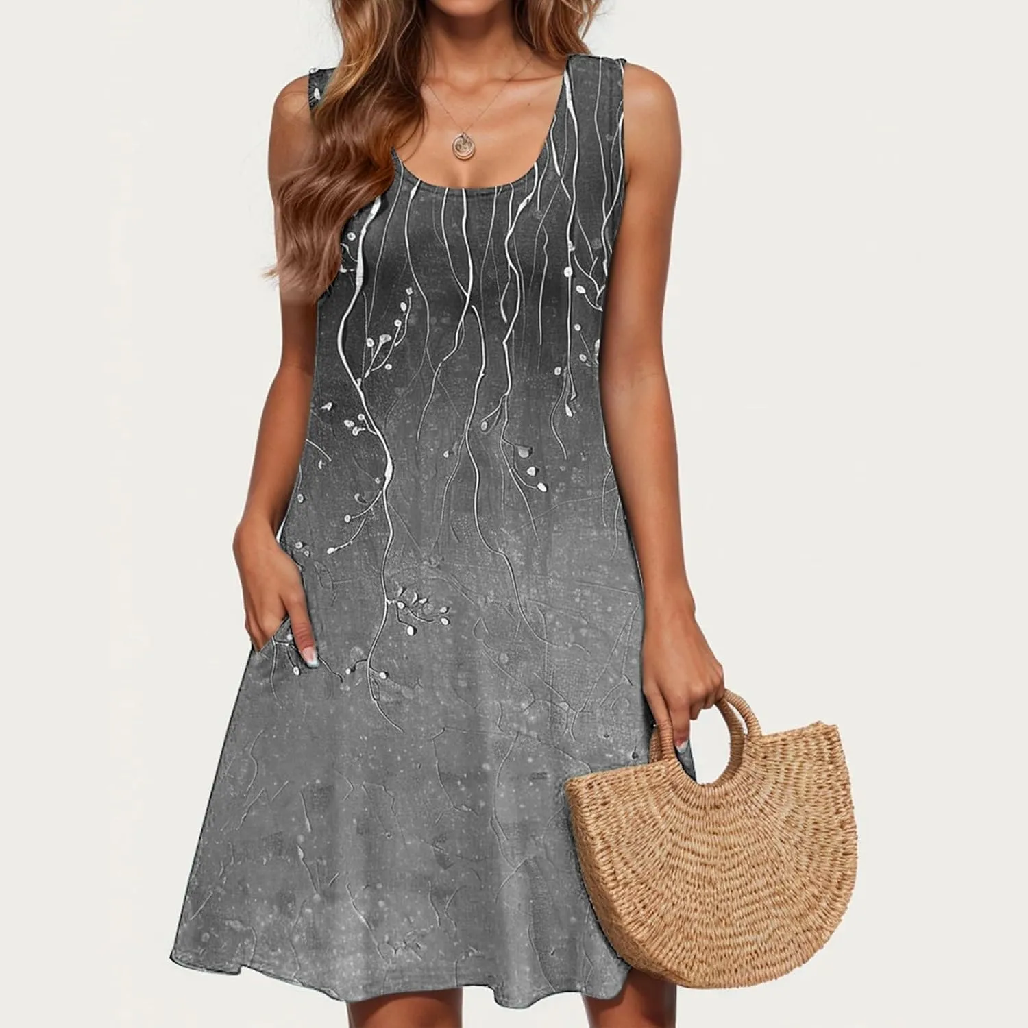Dresses for Women 2025 Summer Casual Midi Dress U Neck Sleeveless Sundresses Floral Print Beach Dress with Pockets