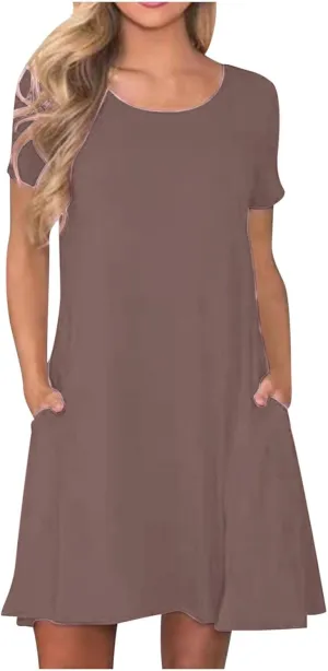 Dresses for Women Simple Solid Color Short Sleeve Sundresses Crewneck Loose Casual Vacation Summer Dresses