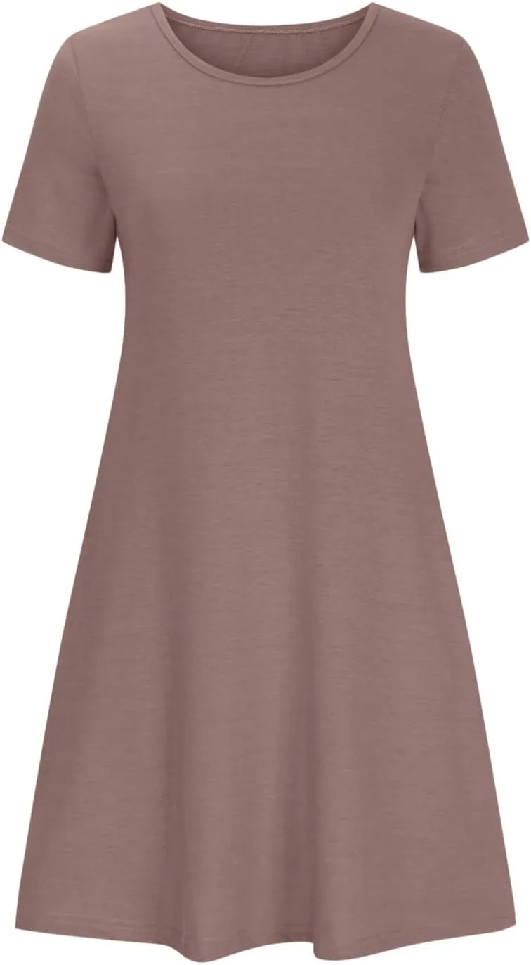 Dresses for Women Simple Solid Color Short Sleeve Sundresses Crewneck Loose Casual Vacation Summer Dresses