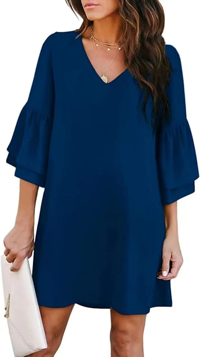 Dresses for Women Summer Flare Sleeve V Neck Loose Fit Mini Dress A Line Casual Plus Size Sundress 2025