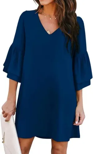 Dresses for Women Summer Flare Sleeve V Neck Loose Fit Mini Dress A Line Casual Plus Size Sundress 2025