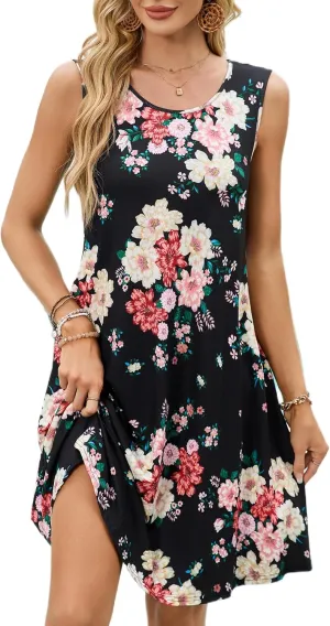 ENMAIN Sundress for Women Summer Casual Sleeveless Dress Swing Loose Floral Cover up Beach Tank Dresses with Pockets