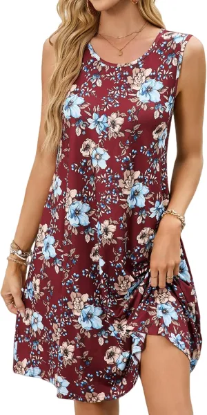 ENMAIN Sundress for Women Summer Casual Sleeveless Dress Swing Loose Floral Cover up Beach Tank Dresses with Pockets