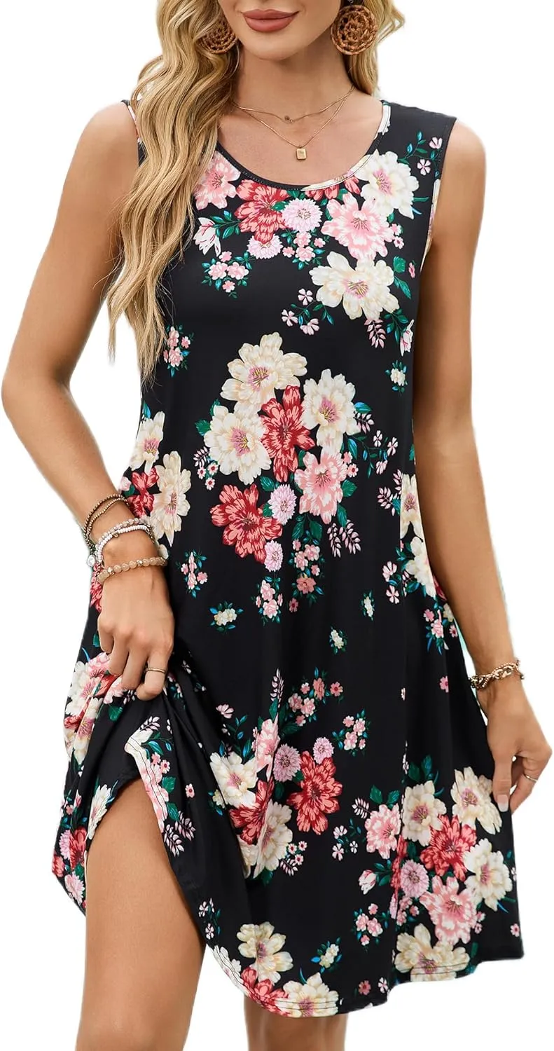 ENMAIN Sundress for Women Summer Casual Sleeveless Dress Swing Loose Floral Cover up Beach Tank Dresses with Pockets