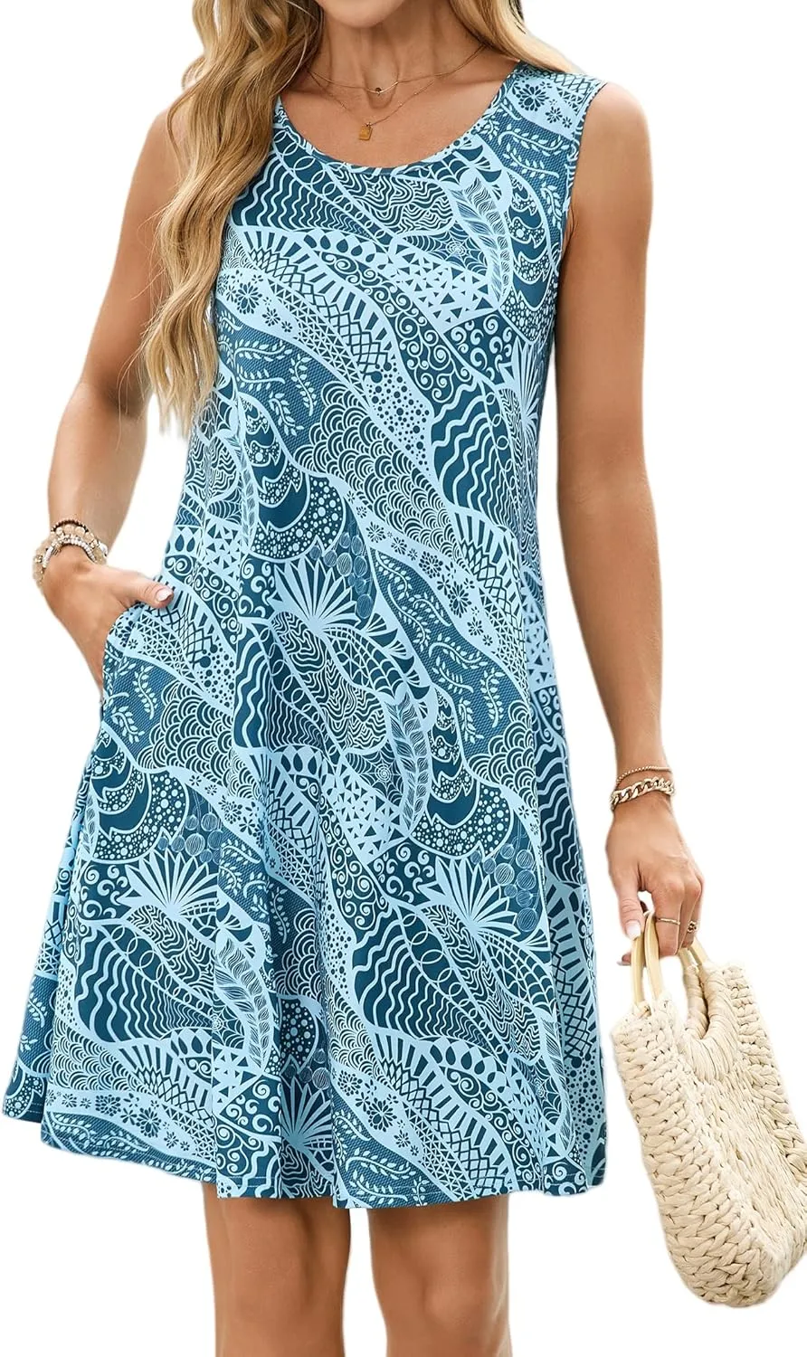 ENMAIN Sundress for Women Summer Casual Sleeveless Dress Swing Loose Floral Cover up Beach Tank Dresses with Pockets