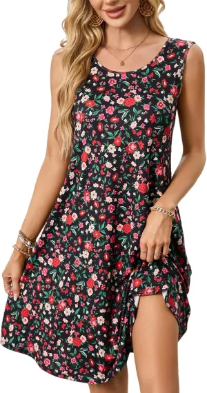 ENMAIN Sundress for Women Summer Casual Sleeveless Dress Swing Loose Floral Cover up Beach Tank Dresses with Pockets