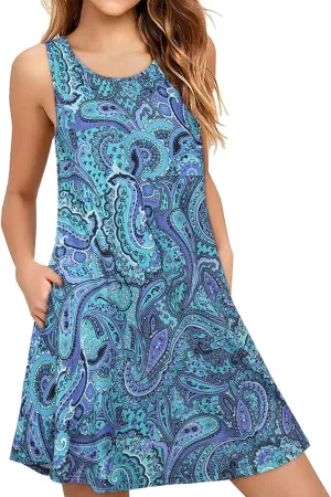 ENMAIN Sundress for Women Summer Casual Sleeveless Dress Swing Loose Floral Cover up Beach Tank Dresses with Pockets