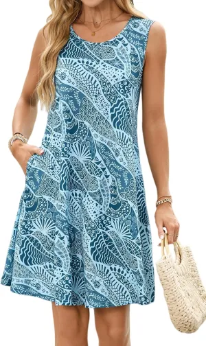 ENMAIN Sundress for Women Summer Casual Sleeveless Dress Swing Loose Floral Cover up Beach Tank Dresses with Pockets