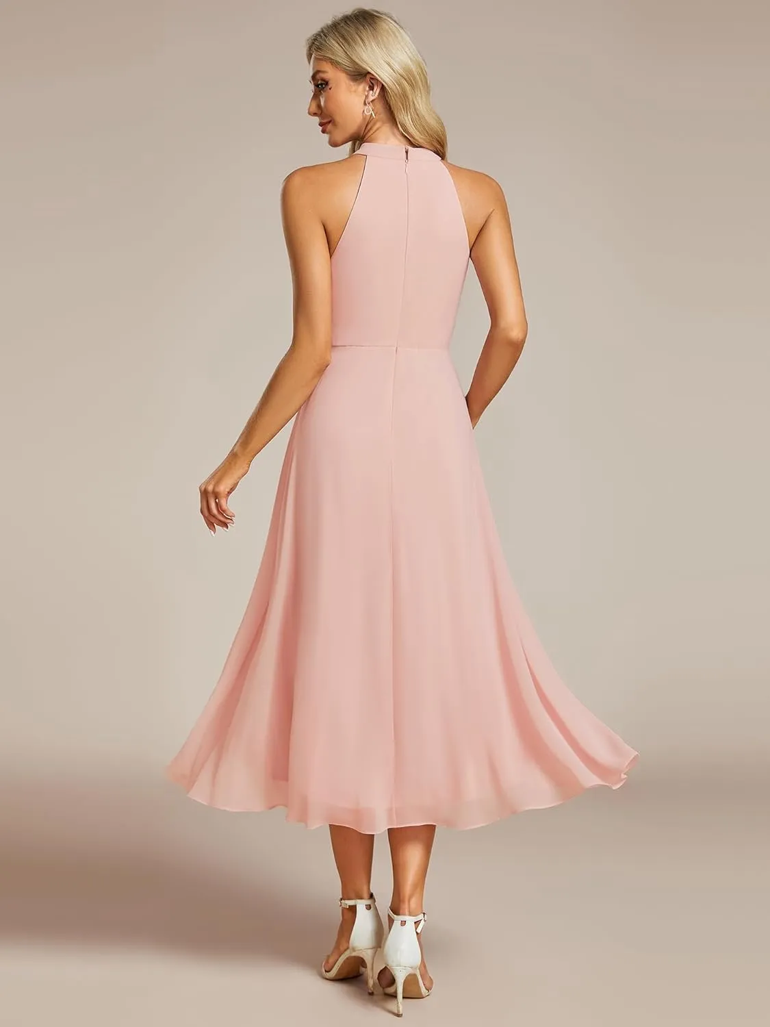 Ever-Pretty Women's Sexy Halter Neck Pletaed Sleeveless Hi-Lo Chiffon Wedding Guest Dress 31926