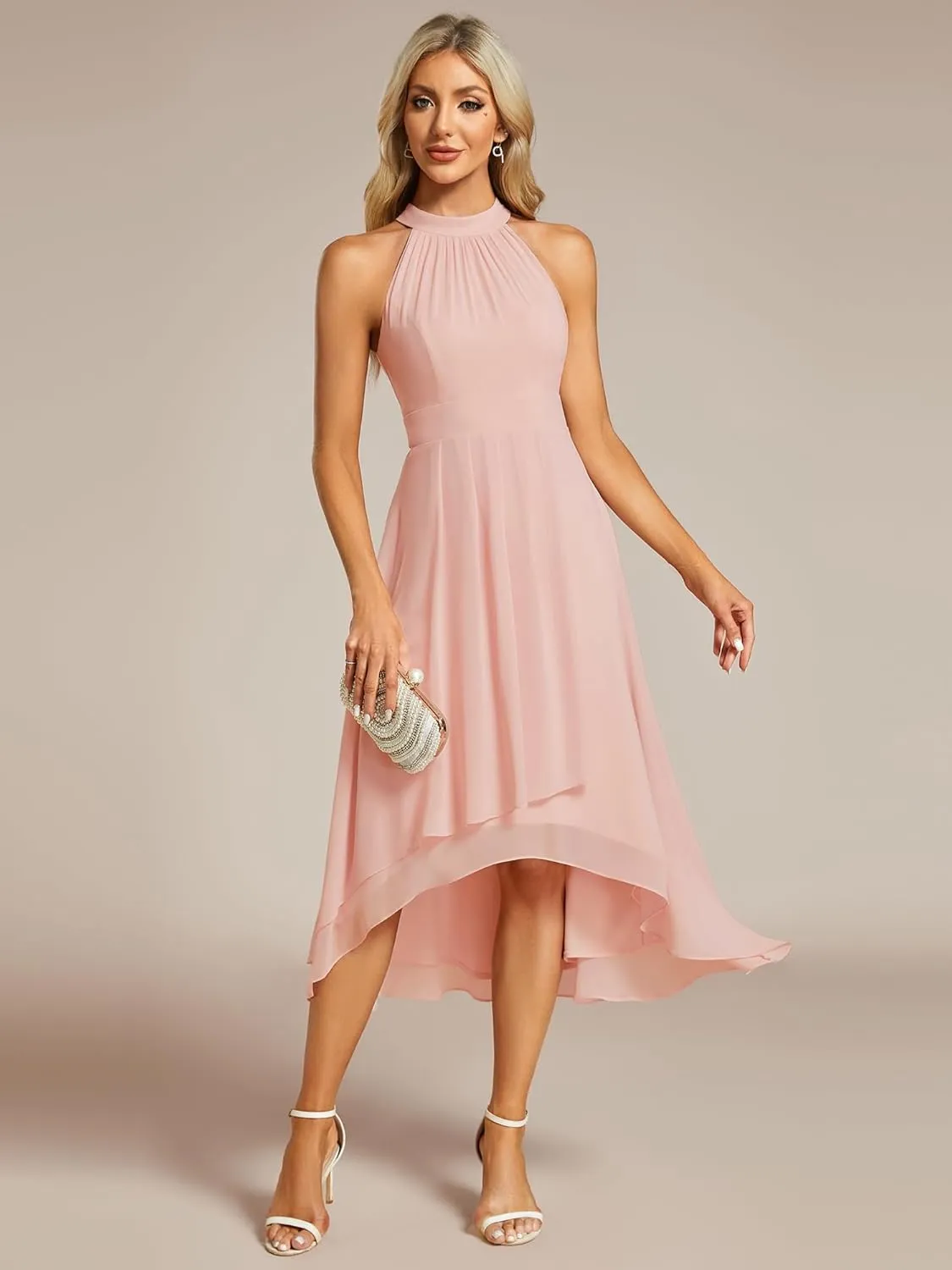 Ever-Pretty Women's Sexy Halter Neck Pletaed Sleeveless Hi-Lo Chiffon Wedding Guest Dress 31926