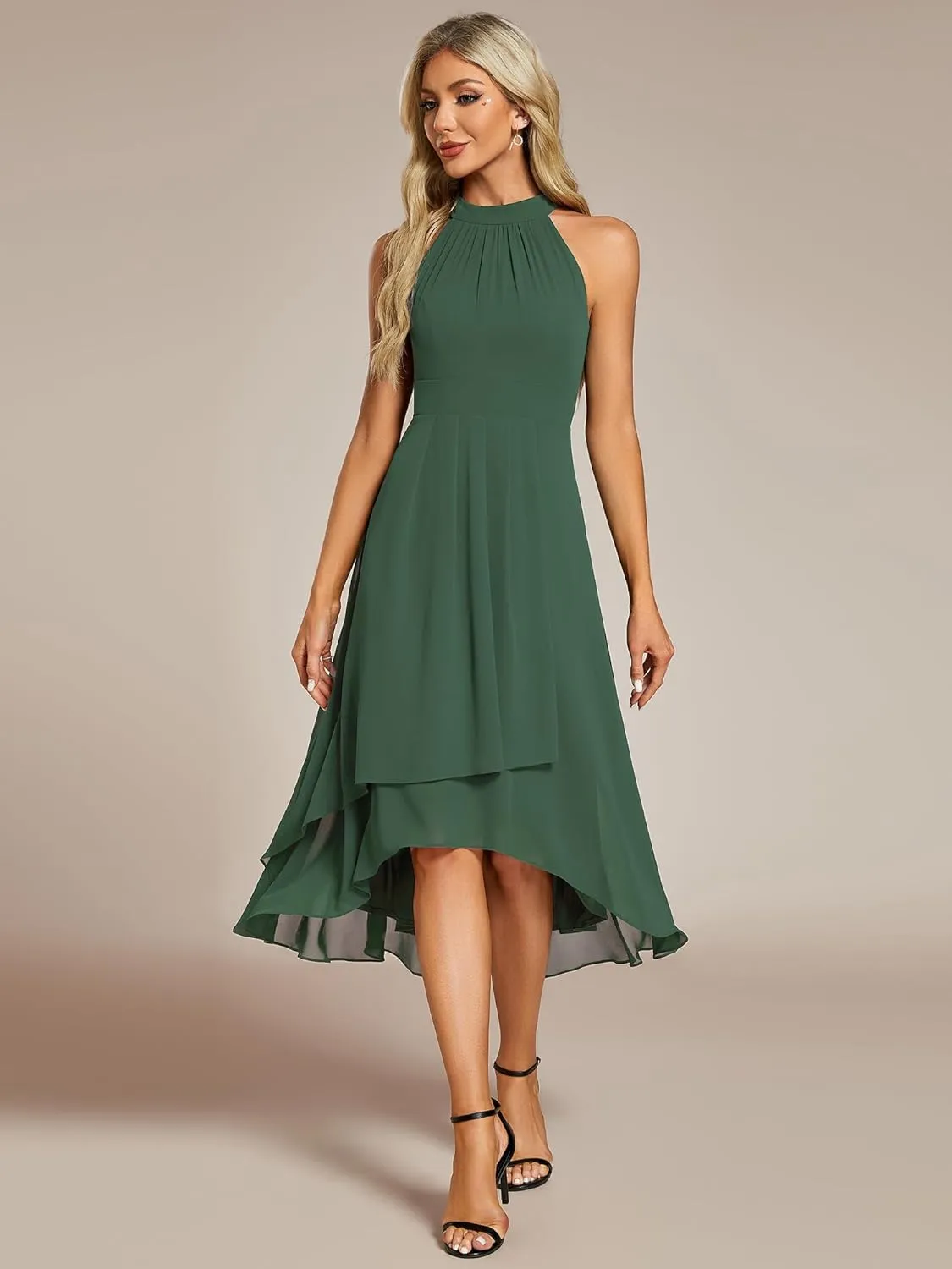 Ever-Pretty Women's Sexy Halter Neck Pletaed Sleeveless Hi-Lo Chiffon Wedding Guest Dress 31926