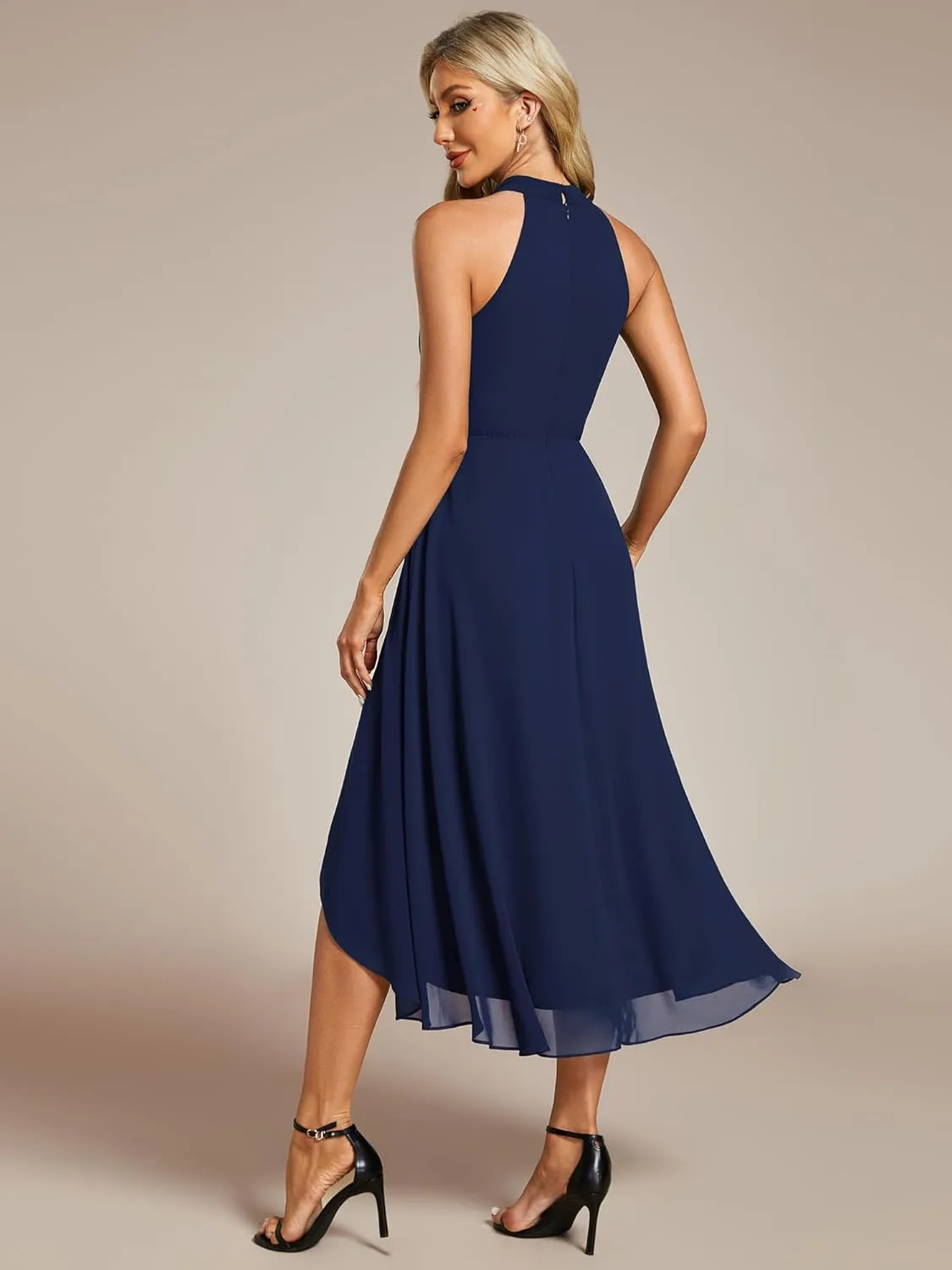 Ever-Pretty Women's Sexy Halter Neck Pletaed Sleeveless Hi-Lo Chiffon Wedding Guest Dress 31926