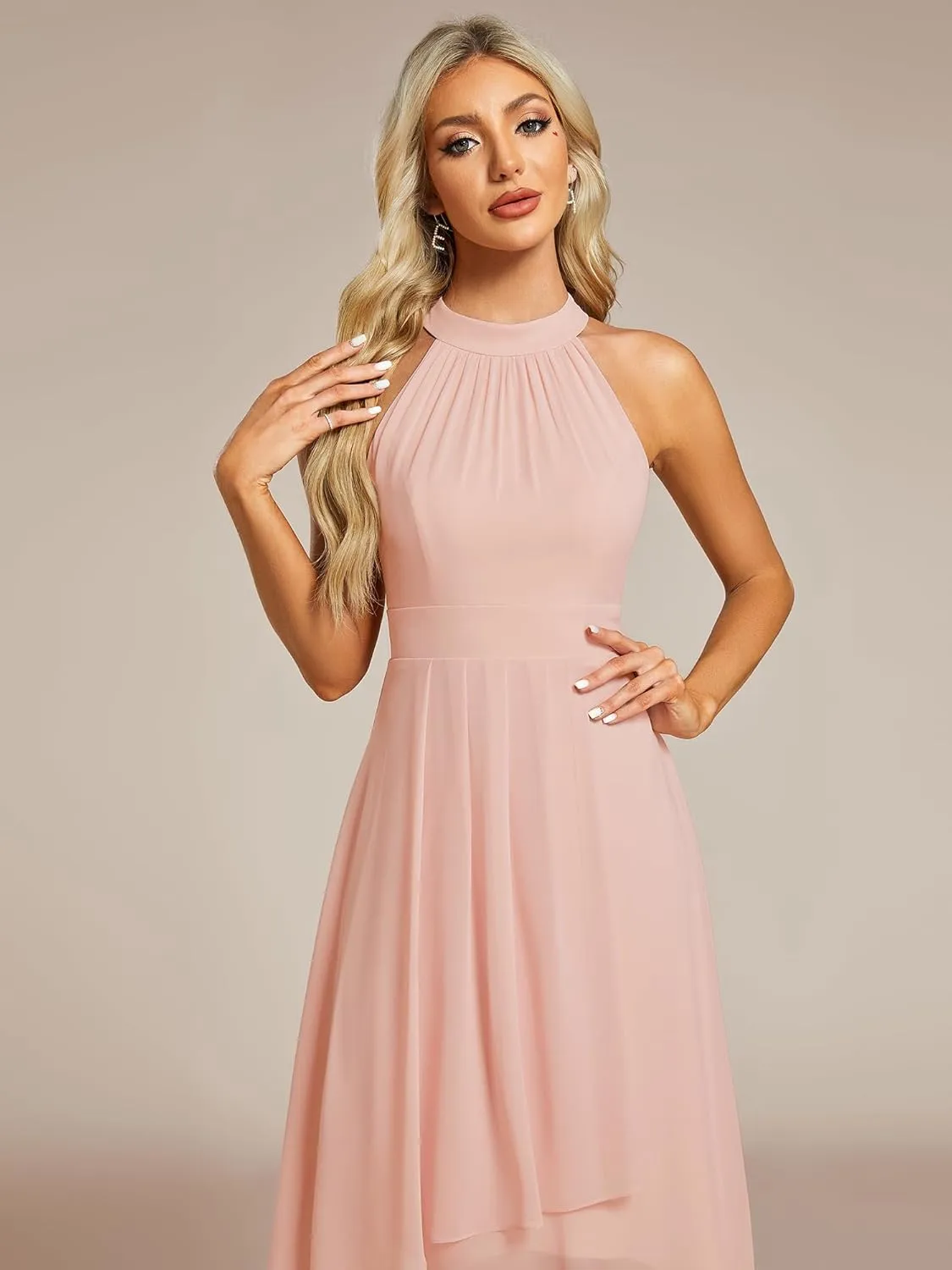 Ever-Pretty Women's Sexy Halter Neck Pletaed Sleeveless Hi-Lo Chiffon Wedding Guest Dress 31926