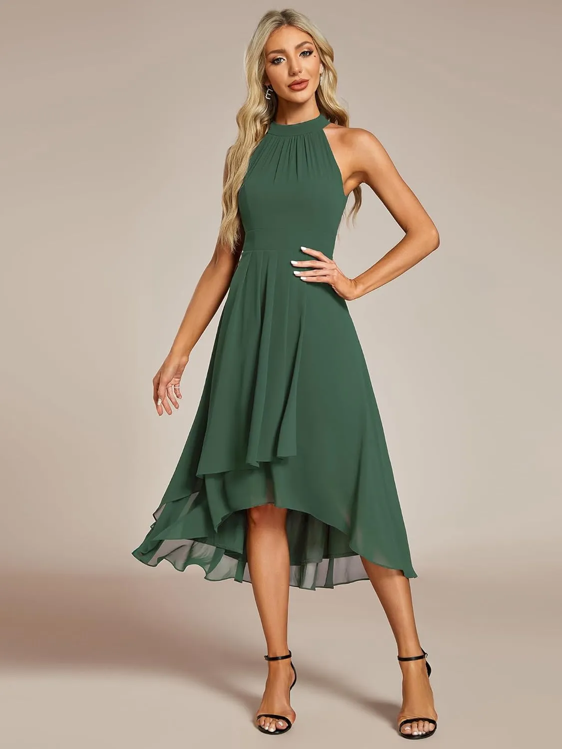 Ever-Pretty Women's Sexy Halter Neck Pletaed Sleeveless Hi-Lo Chiffon Wedding Guest Dress 31926