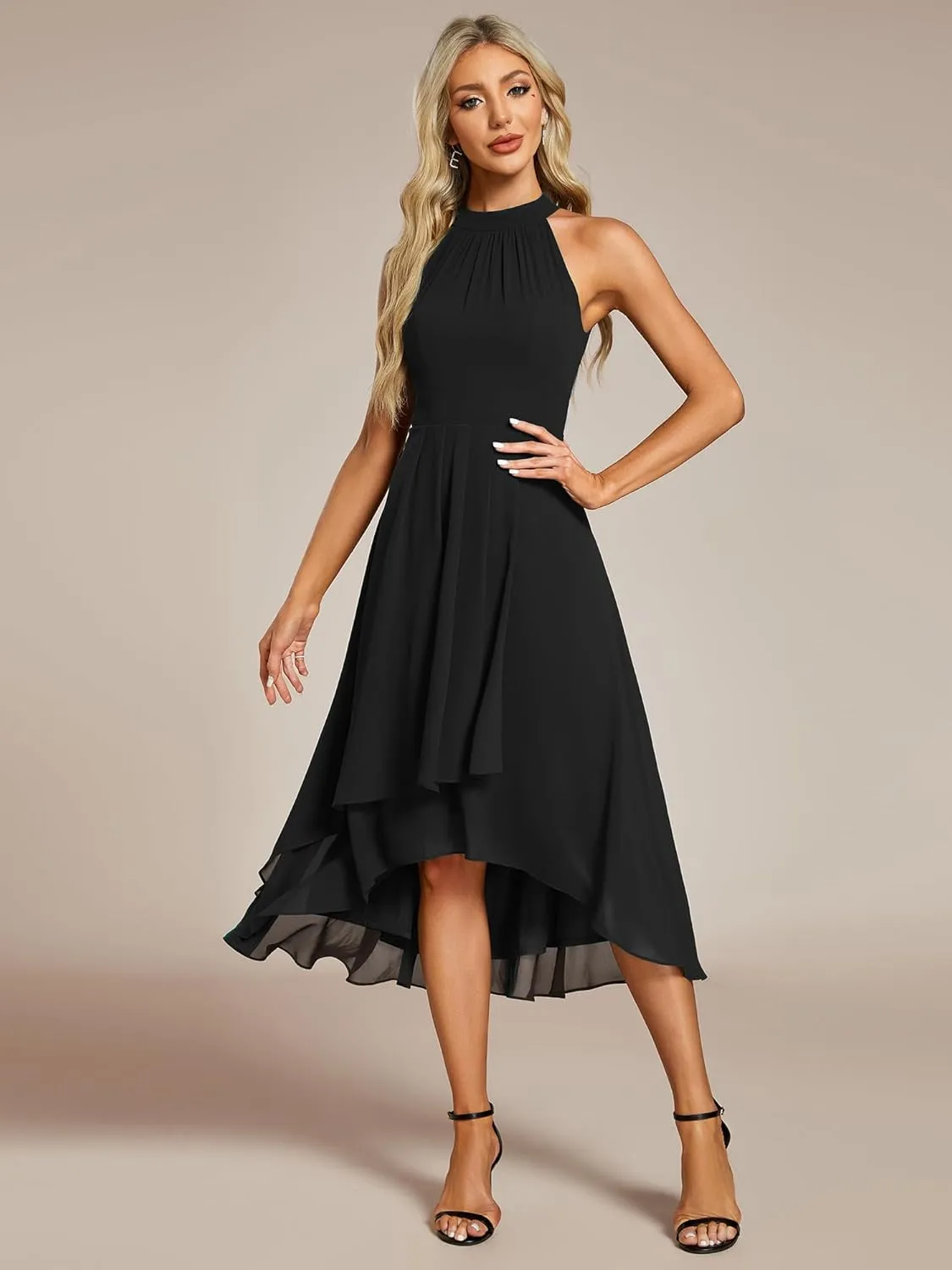 Ever-Pretty Women's Sexy Halter Neck Pletaed Sleeveless Hi-Lo Chiffon Wedding Guest Dress 31926