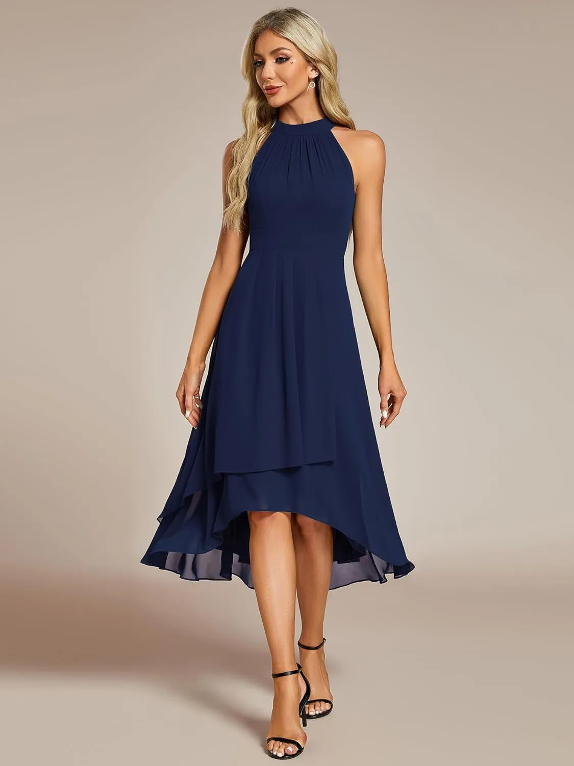 Ever-Pretty Women's Sexy Halter Neck Pletaed Sleeveless Hi-Lo Chiffon Wedding Guest Dress 31926