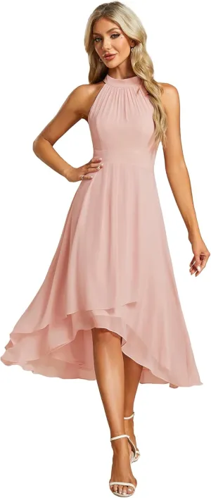 Ever-Pretty Women's Sexy Halter Neck Pletaed Sleeveless Hi-Lo Chiffon Wedding Guest Dress 31926