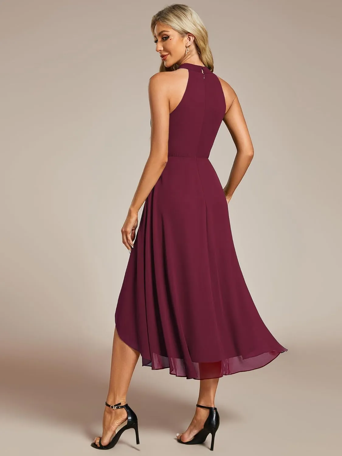 Ever-Pretty Women's Sexy Halter Neck Pletaed Sleeveless Hi-Lo Chiffon Wedding Guest Dress 31926